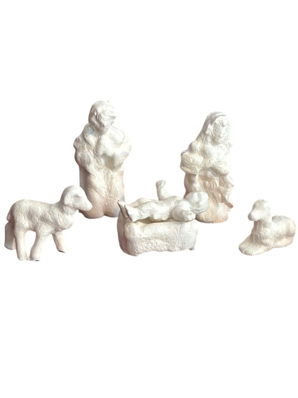 Miniature White Painted Metal Nativity Figurine Set Mary Joseph Baby Jesus Sheep